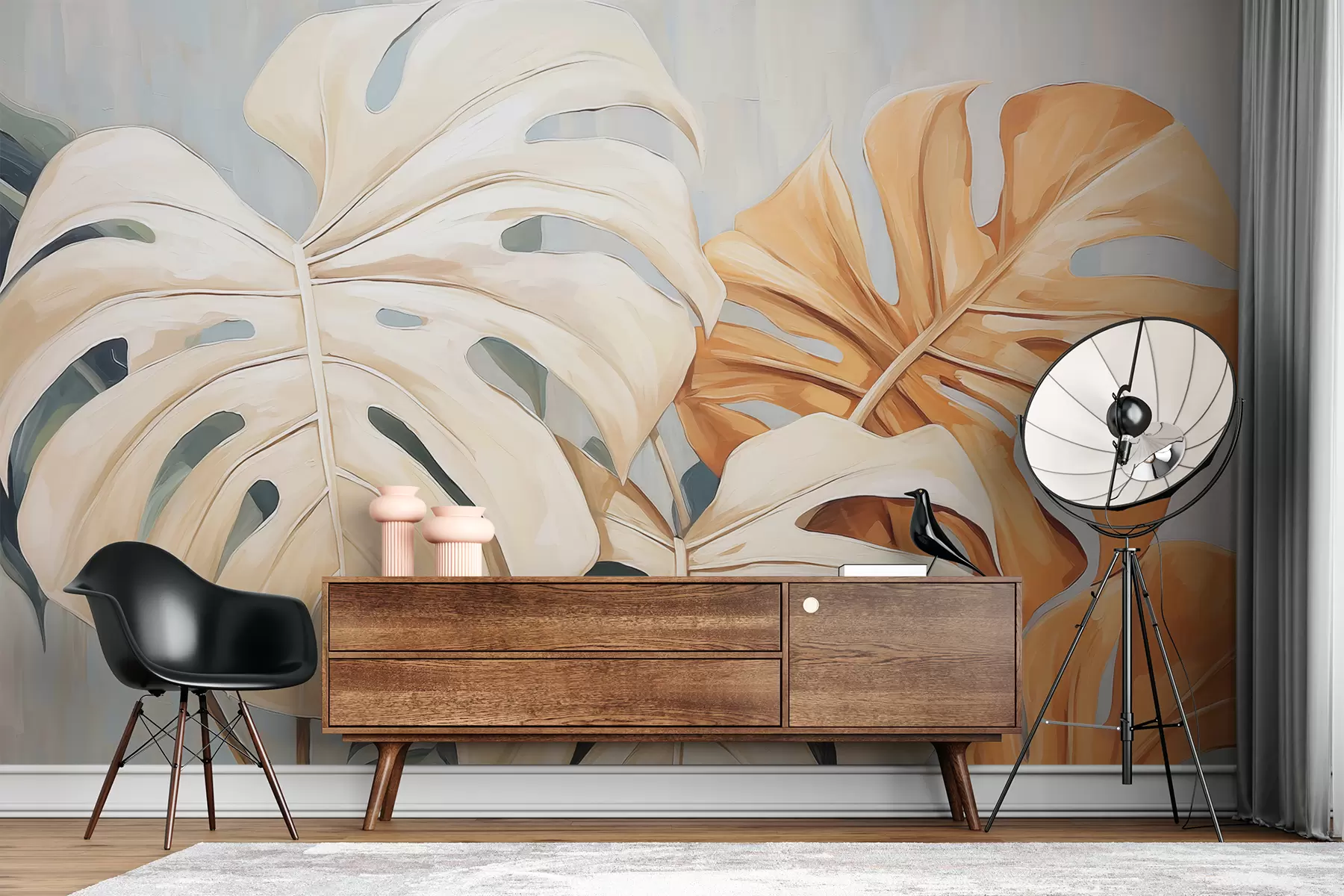 murales de pared Hojas de monstera, color azul, blanco, naranja w08124