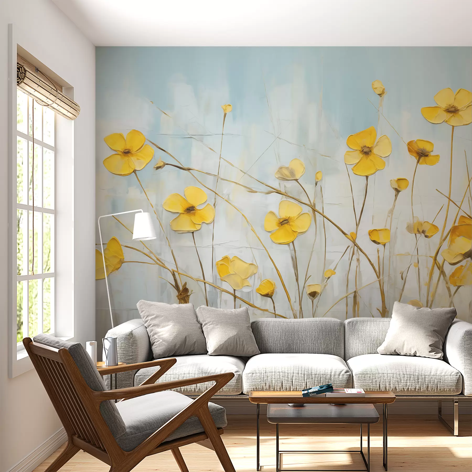 murales de pared Pequeñas flores amarillas sobre pintura al óleo azul w08129
