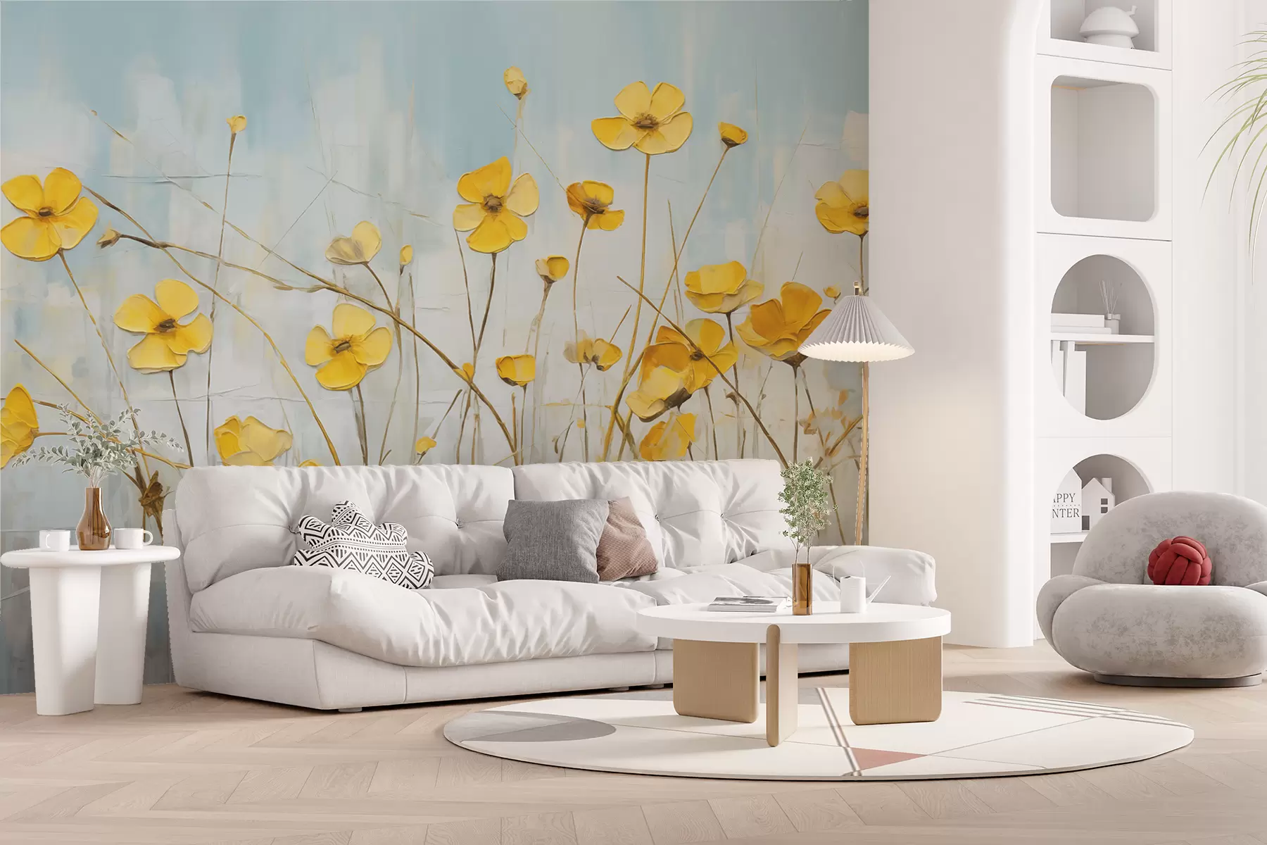 murales de pared Pequeñas flores amarillas sobre pintura al óleo azul w08129