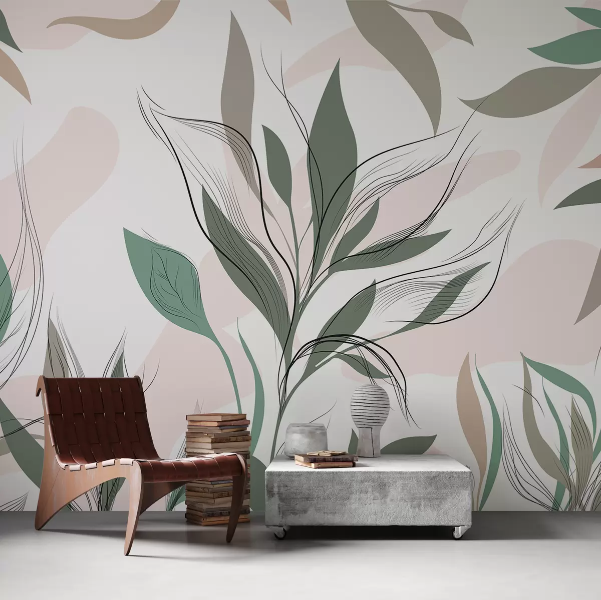 murales de pared Hojas tropicales en técnica de líneas y colores pastel. w08051