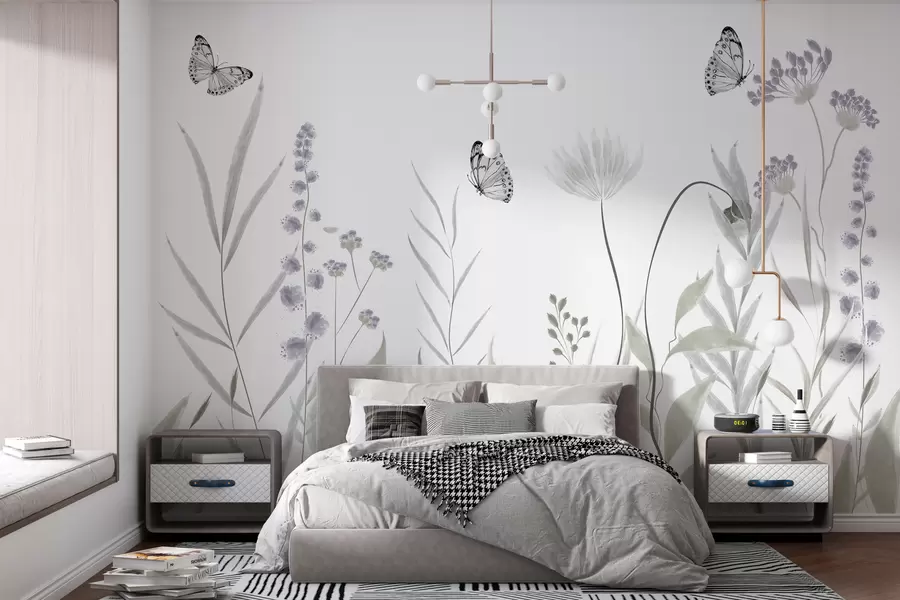 murales de pared Flores silvestres y mariposas. w08052
