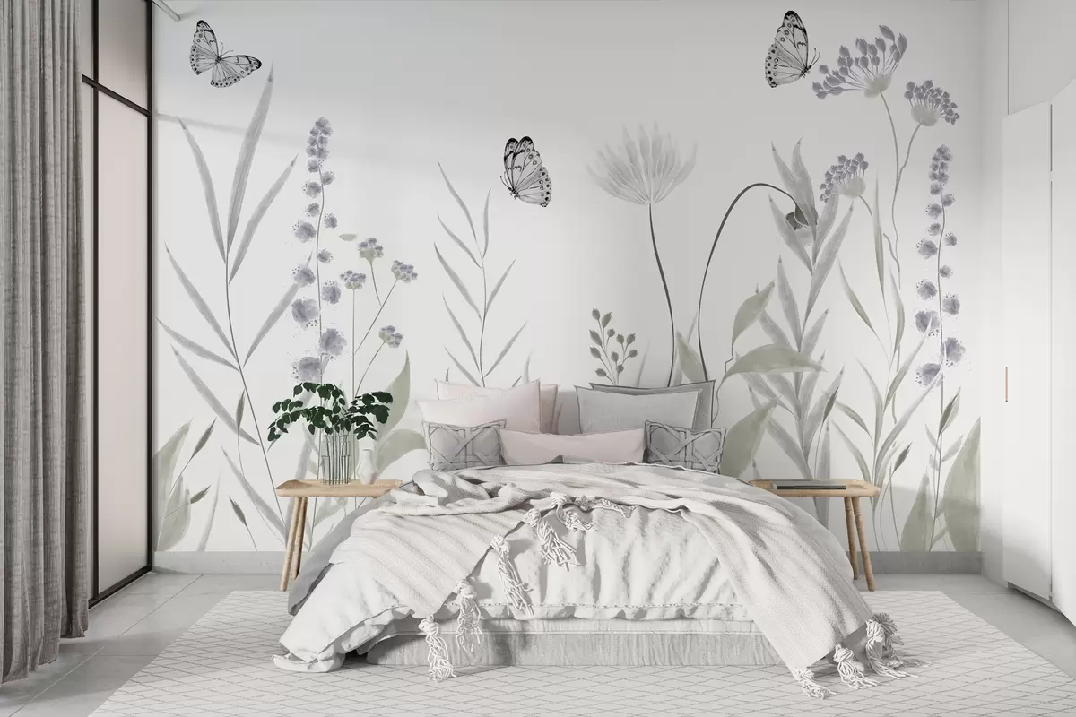 murales de pared Flores silvestres y mariposas. w08052