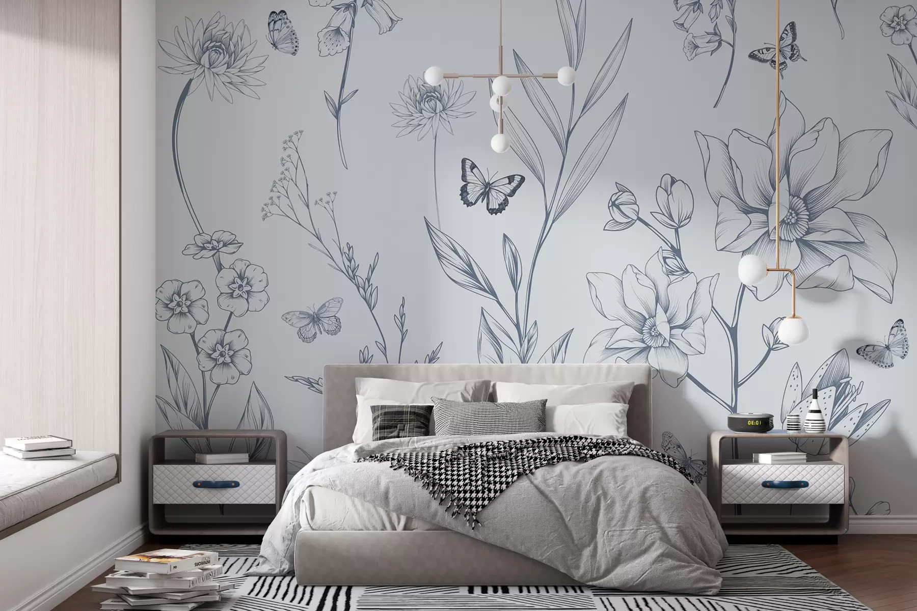 murales de pared Flores y mariposas monocromáticas boho en azul w08088v2