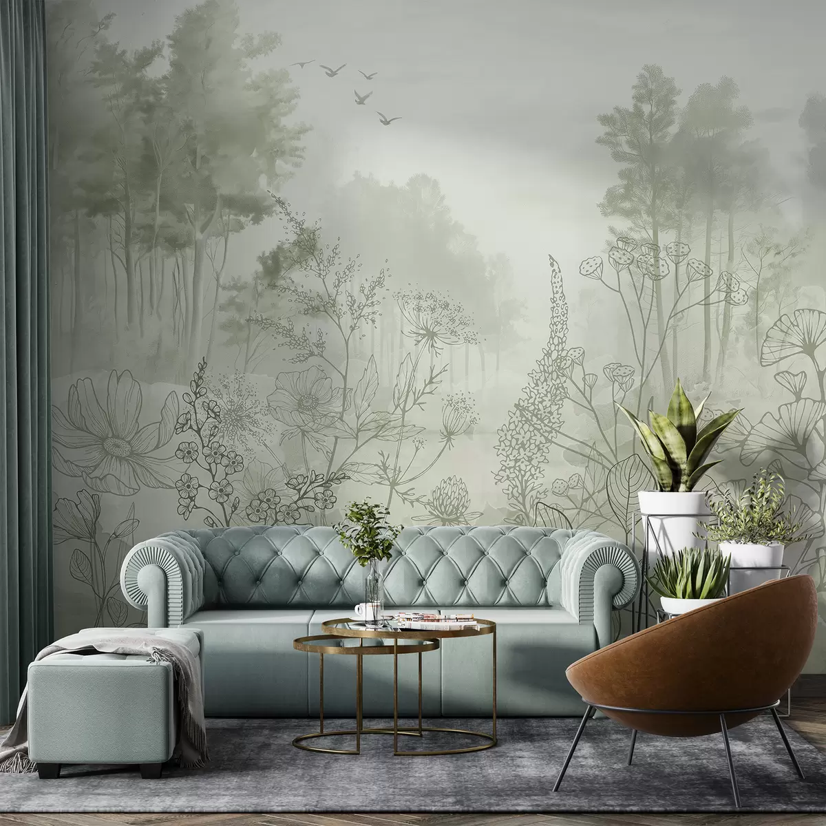 murales de pared Paisaje forestal con flores silvestres, arte lineal, realismo, árboles, naturaleza, paleta de colores verdes w08142v1