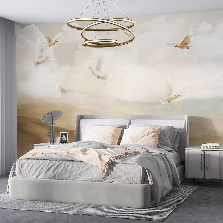murales de pared Pájaros volando en el cielo con nubes, paisaje natural, dibujo acrílico, colores beige pastel w08143