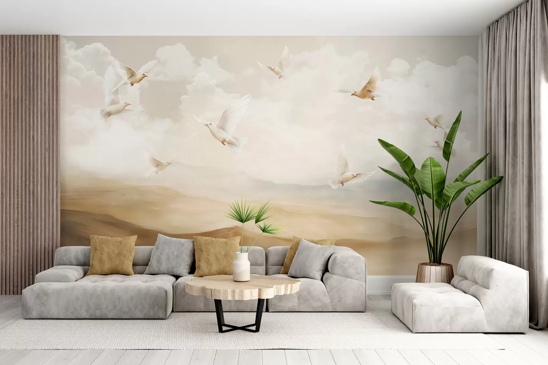 murales de pared Pájaros volando en el cielo con nubes, paisaje natural, dibujo acrílico, colores beige pastel w08143