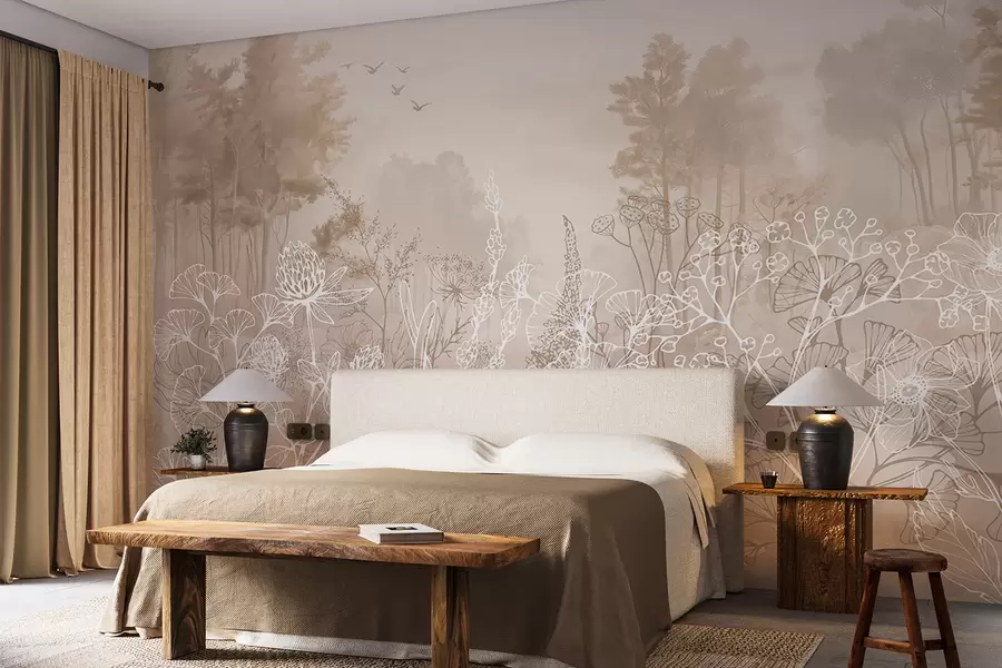 murales de pared Flores de dibujo lineal, paisaje forestal, naturaleza, realismo, paleta de colores beige w08144