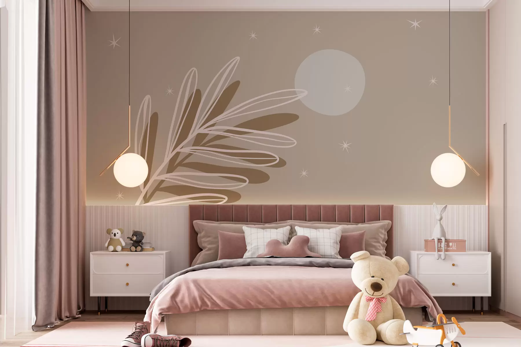 murales de pared Rama con hojas y luna con estrellas estilo boho. w08169v1