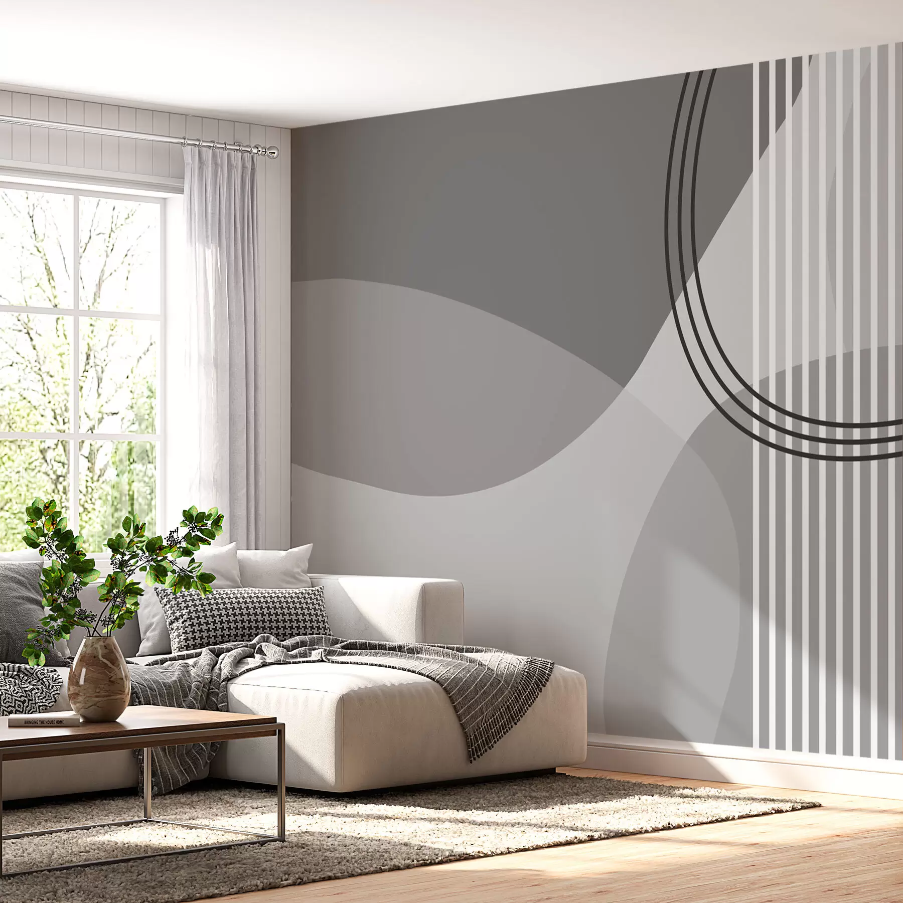 murales de pared Línea de abstracción geométrica y círculo minimalista estilo moderno color gris w08173v3