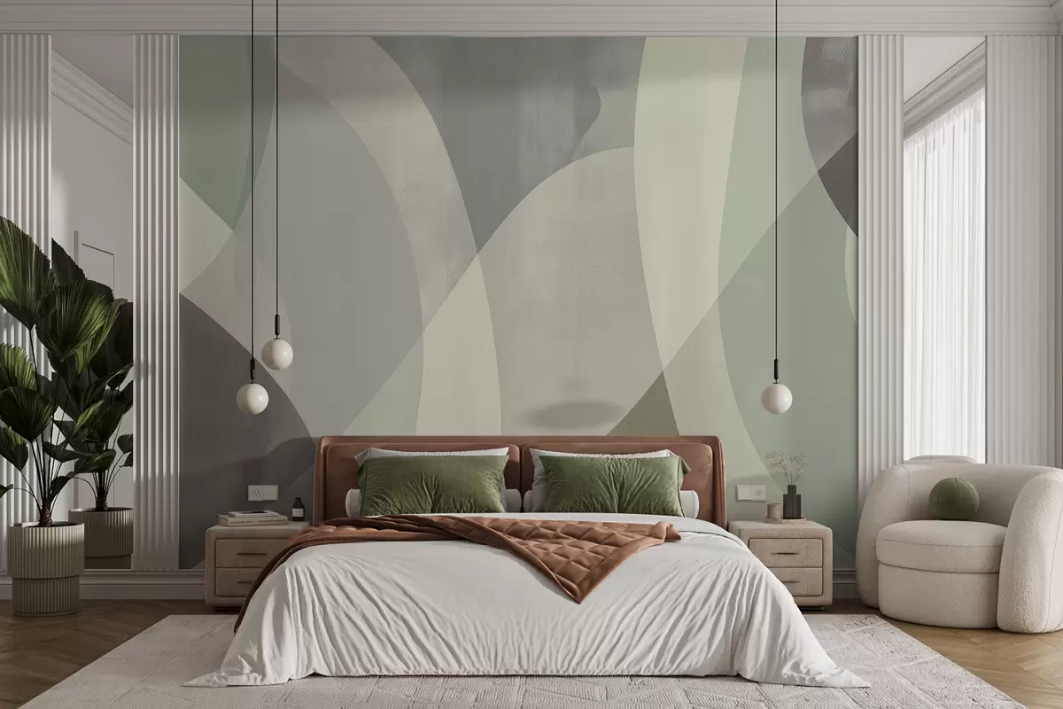 murales de pared Curvas suaves en tonos apagados con líneas fluidas y degradados verdes, minimalista y moderno. w01334
