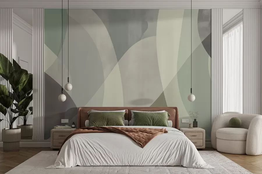 murales de pared Curvas suaves en tonos apagados con líneas fluidas y degradados verdes, minimalista y moderno. w01334