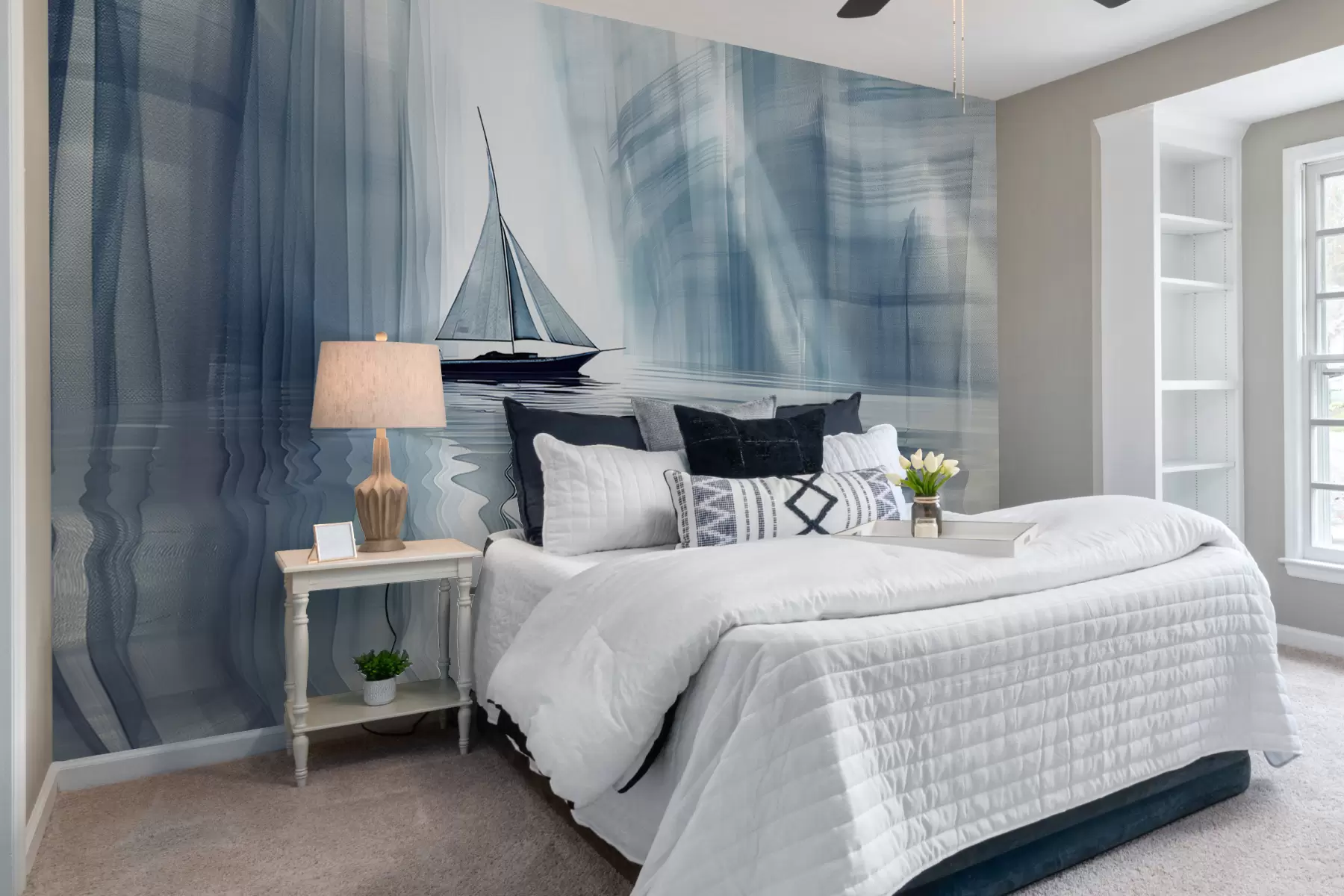 murales de pared Barco en el agua en estilo futurista con colores azules. w01338