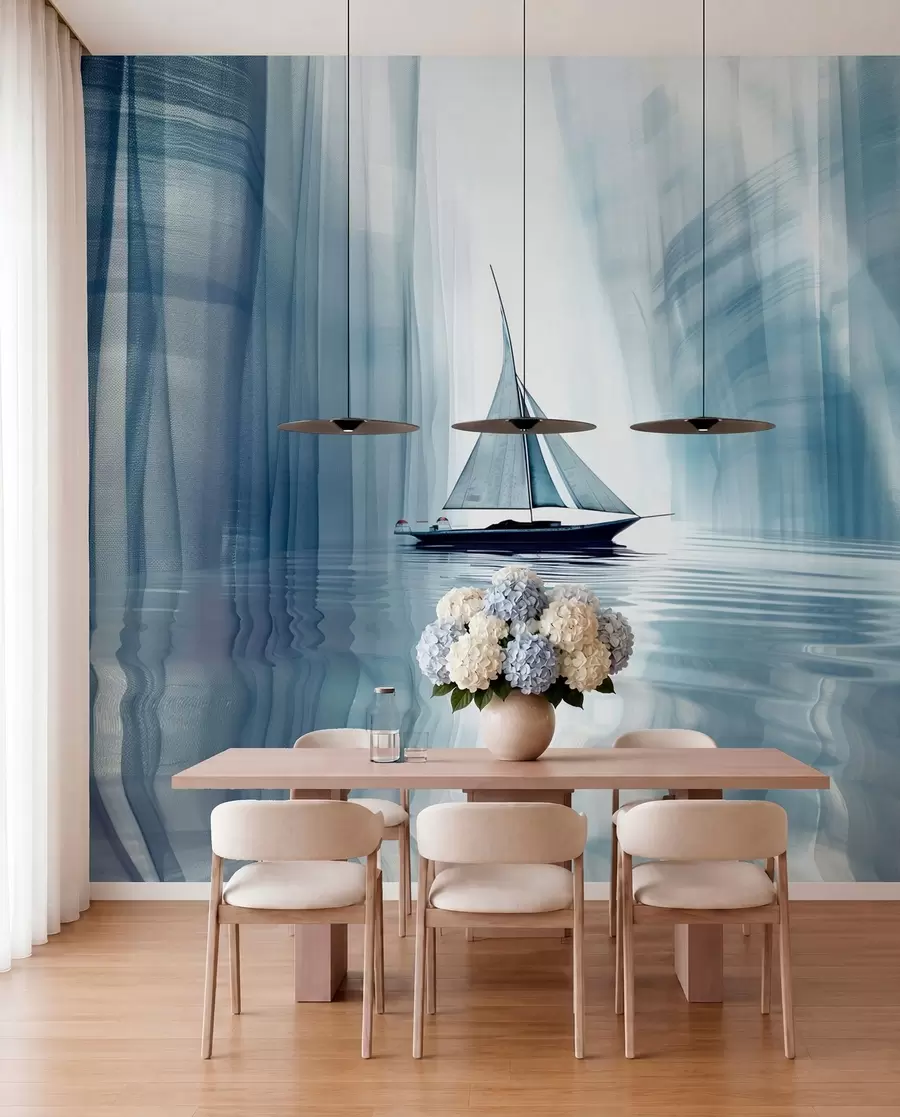 murales de pared Barco en el agua en estilo futurista con colores azules w01338