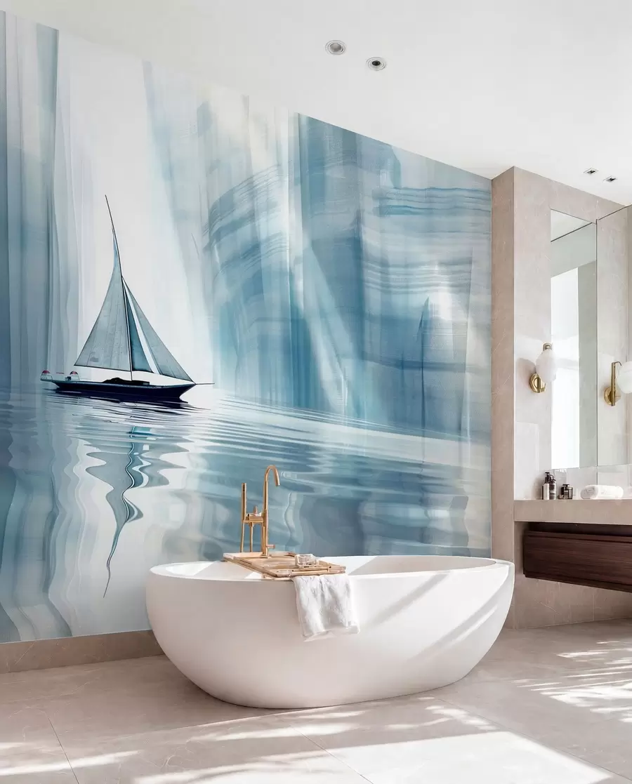 murales de pared Barco en el agua en estilo futurista con colores azules w01338