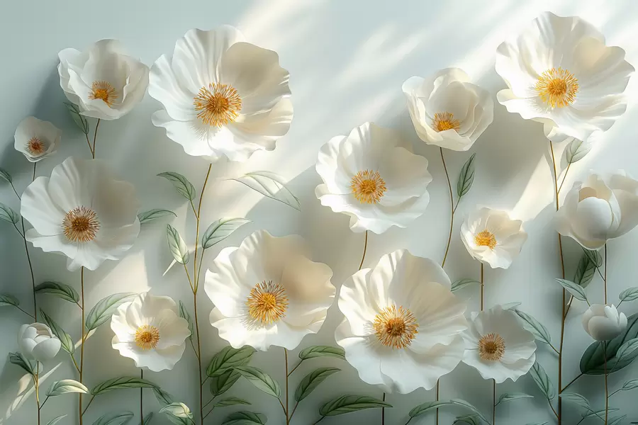 murales de pared Amapolas blancas contra una pared con luz solar y efecto 3D w01339