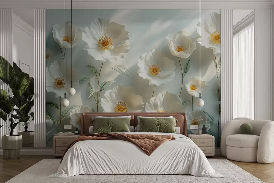 murales de pared Amapolas blancas contra una pared con luz solar y efecto 3D w01339