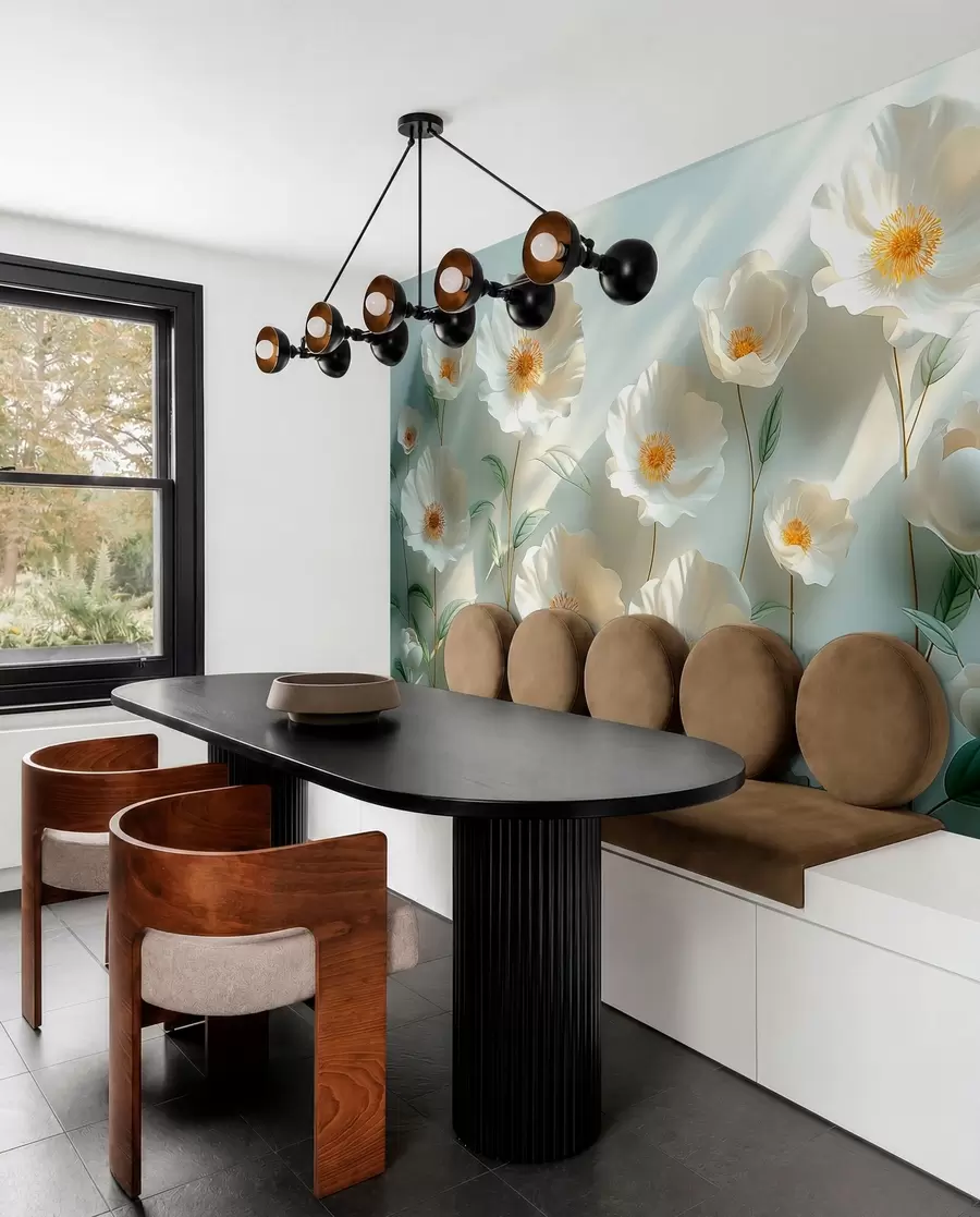 murales de pared Amapolas blancas contra una pared con luz solar y efecto 3D w01339