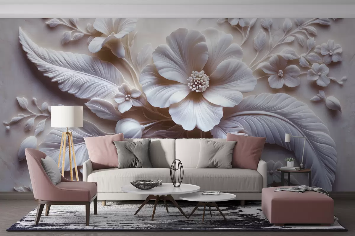 murales de pared Arte de pared en relieve 3D con plumas y flores, con una gran amapola en colores rosa claro w01340v1
