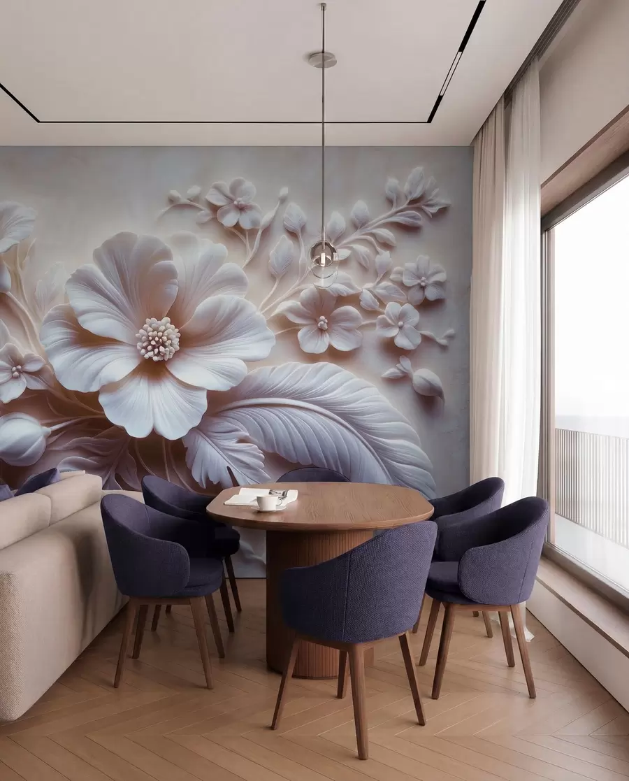 murales de pared Arte de pared en relieve 3D con plumas y flores, con una gran amapola en colores rosa claro w01340v1