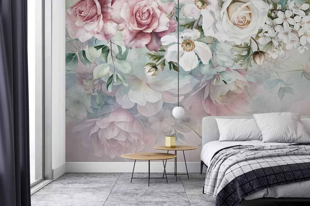 murales de pared Arreglo floral en tonos pastel suaves con rosas rosadas, flores blancas y follaje verde. w08153