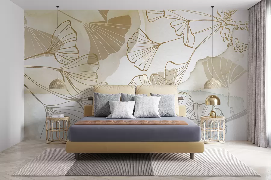 murales de pared Un patrón de delicadas hojas de ginkgo en tonos beige, tostado y azul sobre un fondo claro w08157