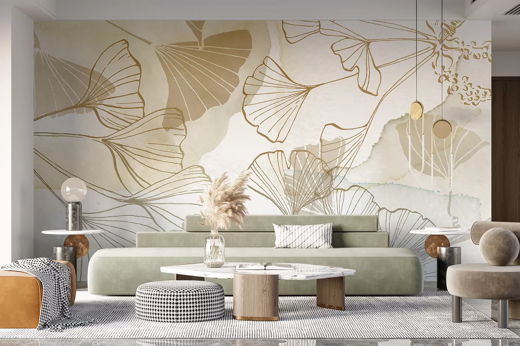 murales de pared Un patrón de delicadas hojas de ginkgo en tonos beige, tostado y azul sobre un fondo claro. w08157