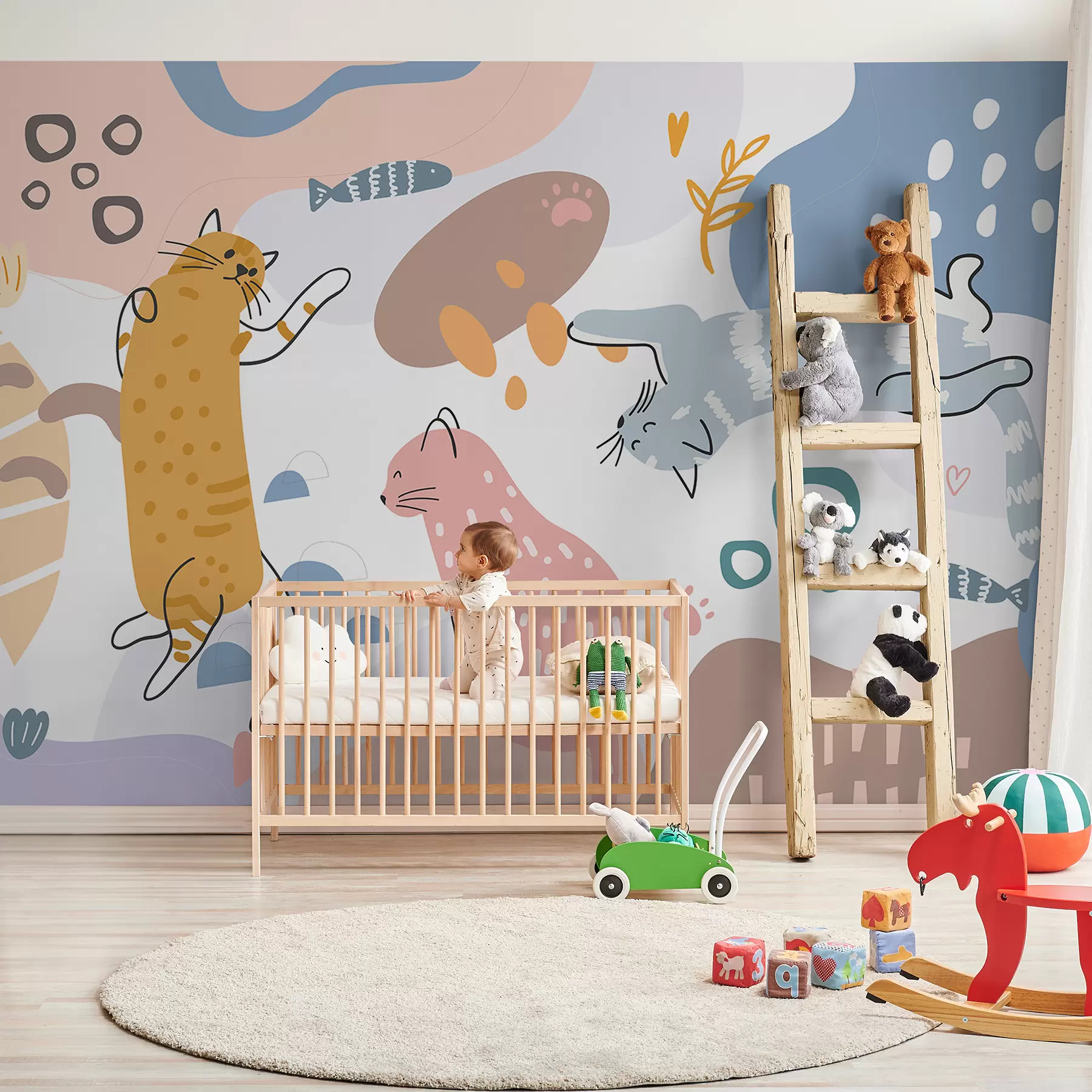 murales de pared Dibujos animados de gatos divertidos para niños impresos en un paisaje abstracto y caprichoso con varias formas y patrones. w08158