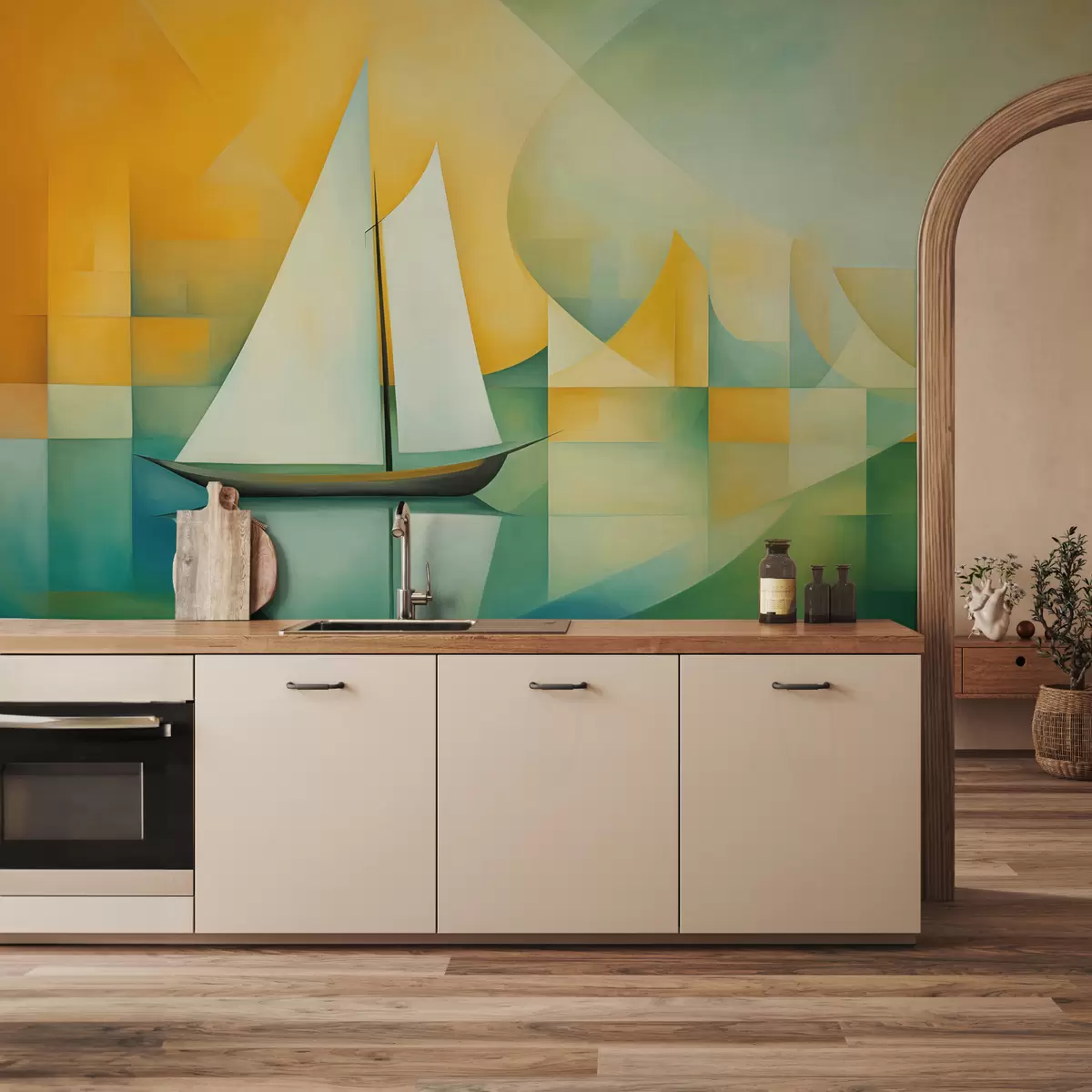 murales de pared Velero blanco sobre fondo amarillo azul y verde en estilo cubista w00734