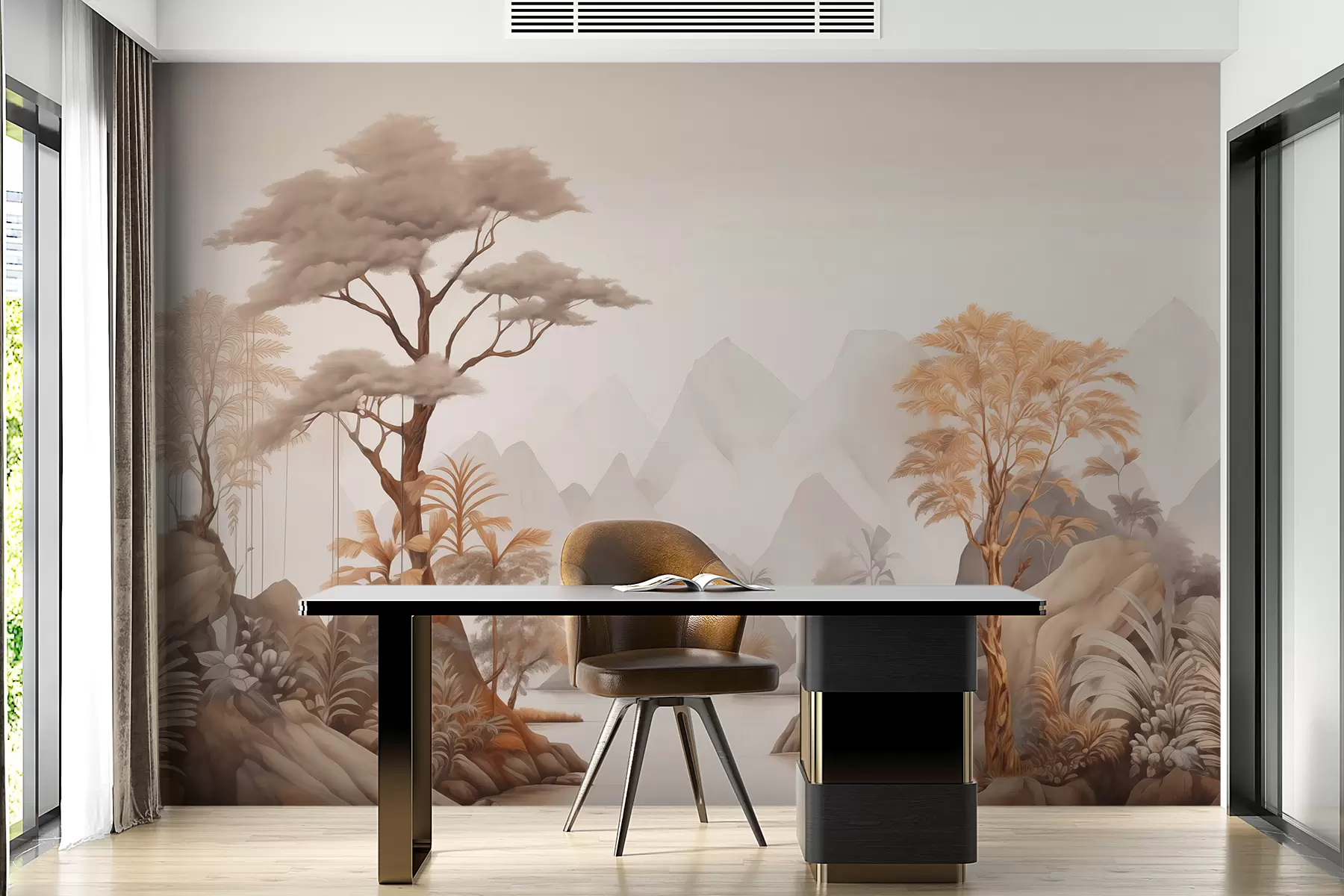 murales de pared Paisaje vintage con árboles, palmeras junto al río con el telón de fondo de las montañas w00741