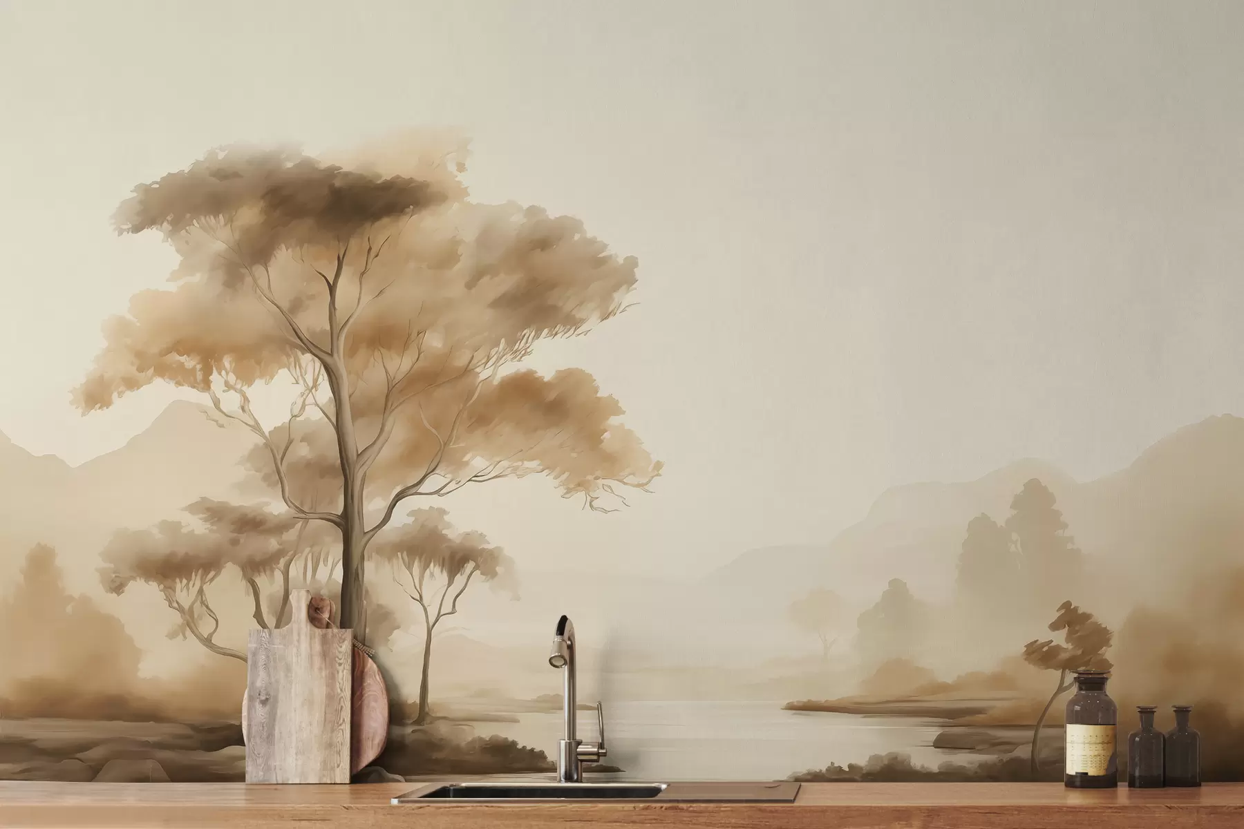 murales de pared Paisaje vintage con árbol junto al río y montañas a lo lejos, acuarela w00944