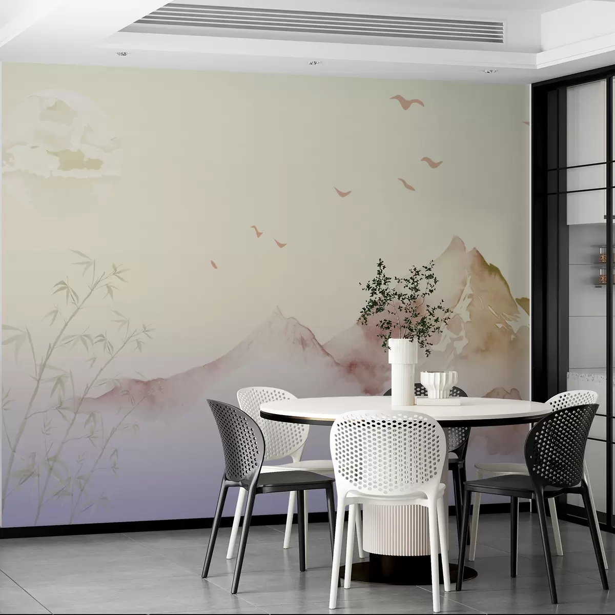 murales de pared Montañas en la niebla en tonos beige w01379