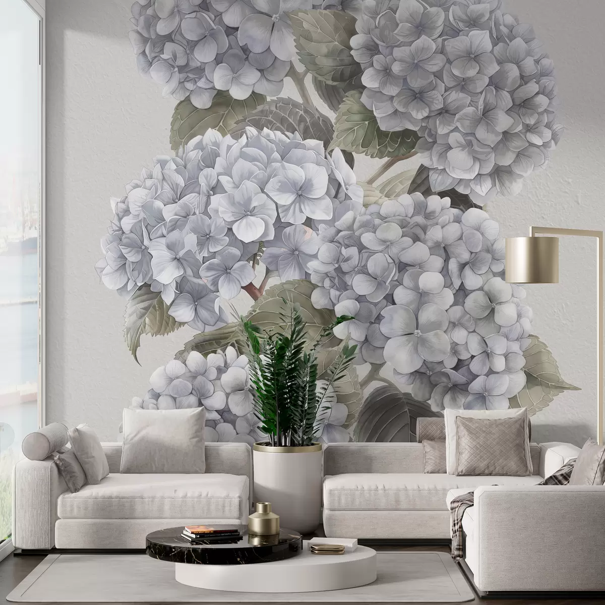 murales de pared Ramas de hortensias en suaves colores pastel. w08176