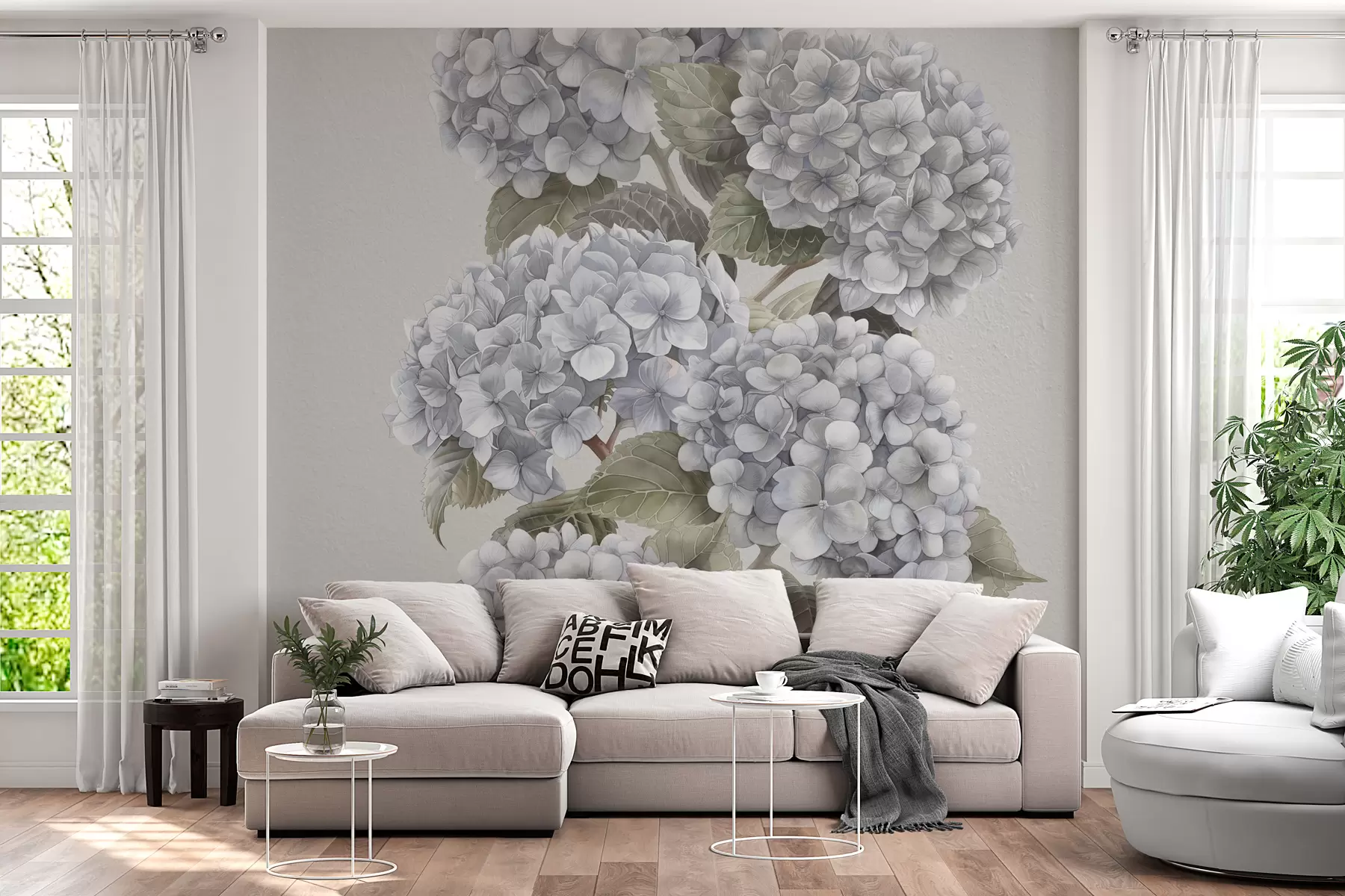 murales de pared Ramas de hortensias en suaves colores pastel. w08176