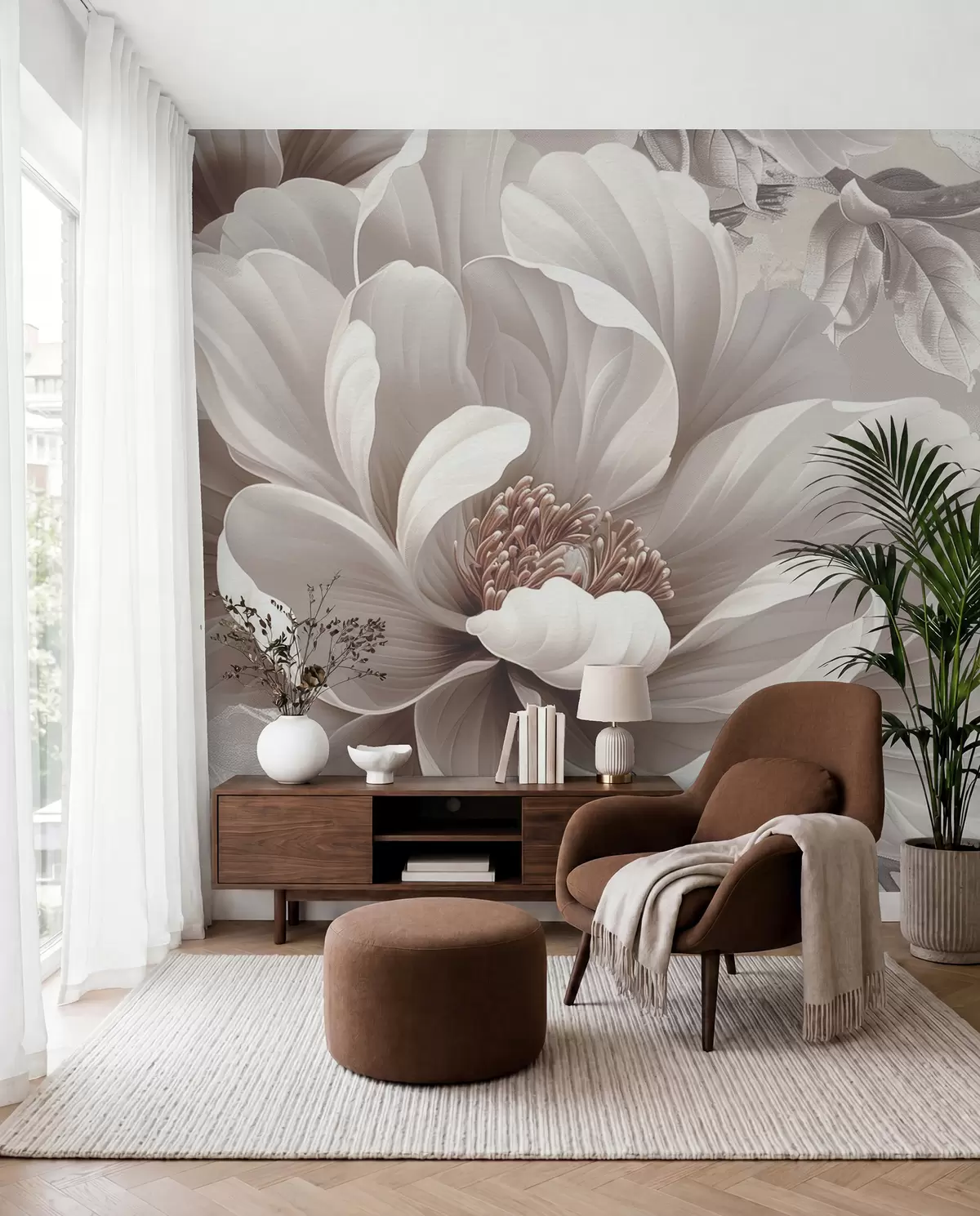 murales de pared Gran flor de color rosa polvoriento en la pared grunge w08181v1