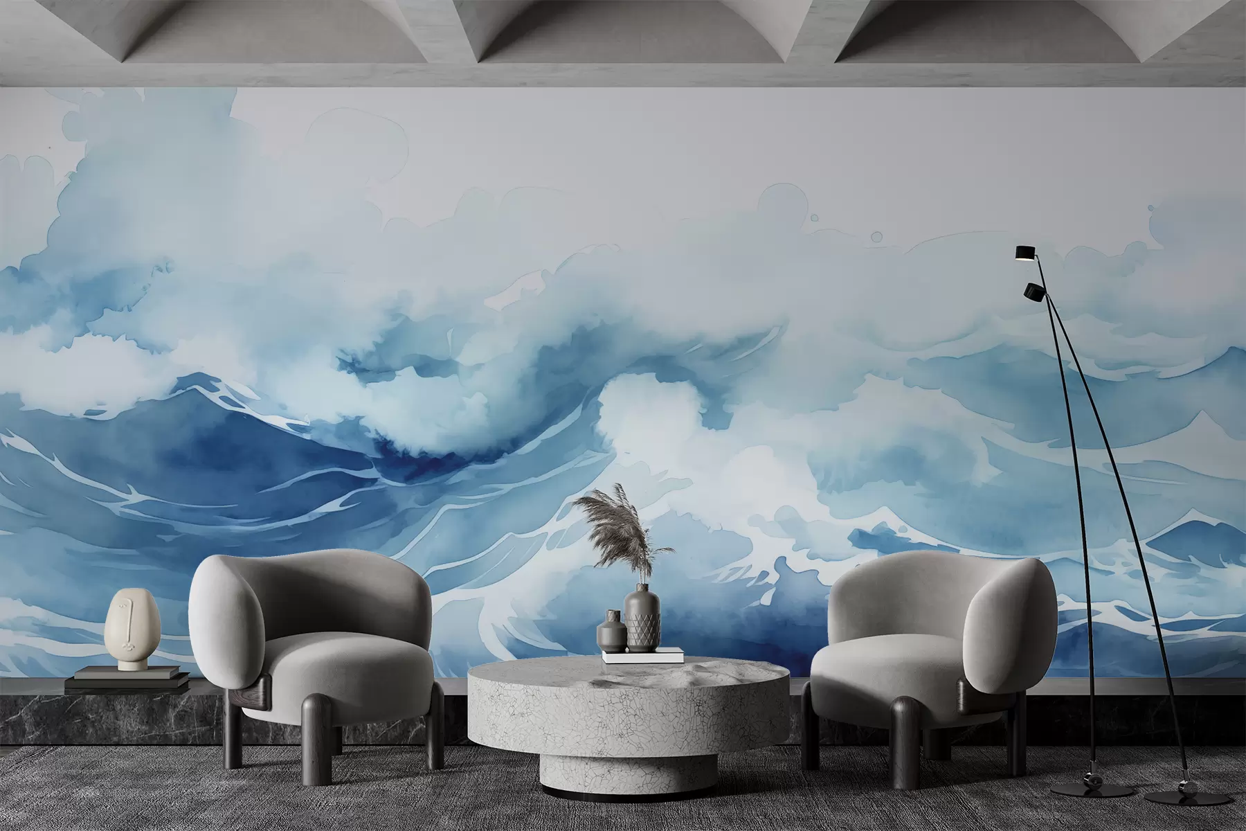murales de pared Acuarela de olas del mar, color azul. w00962