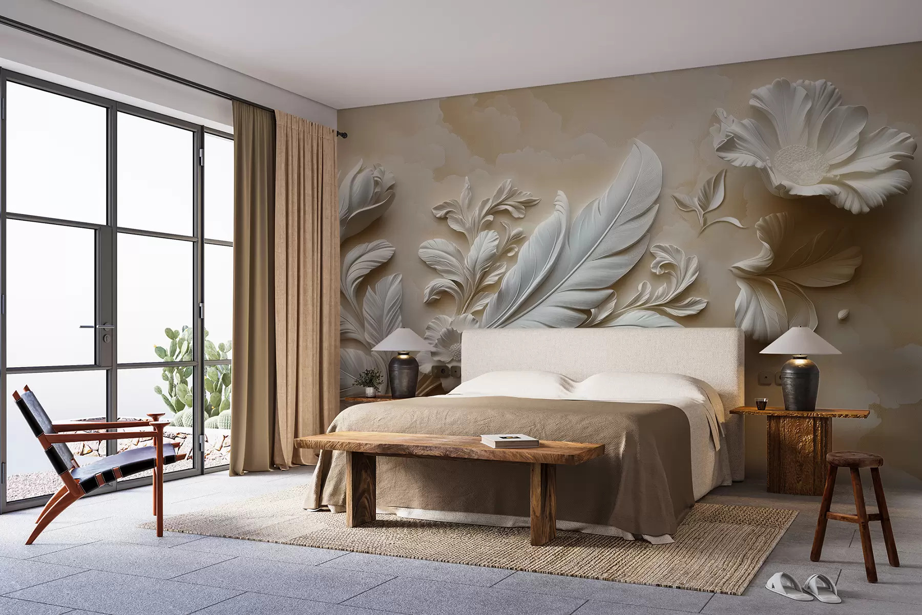 murales de pared Graciosas flores en relieve con hojas y plumas en tonos beige w01355