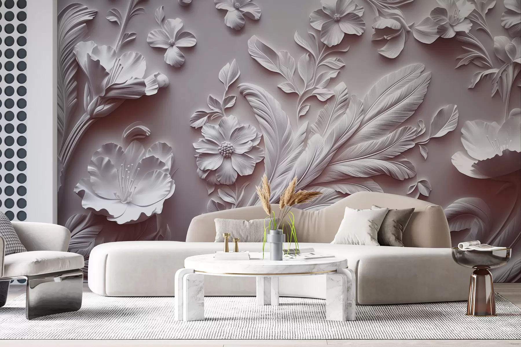 murales de pared Exquisitas flores y hojas en relieve en tonos rosados w01356v1