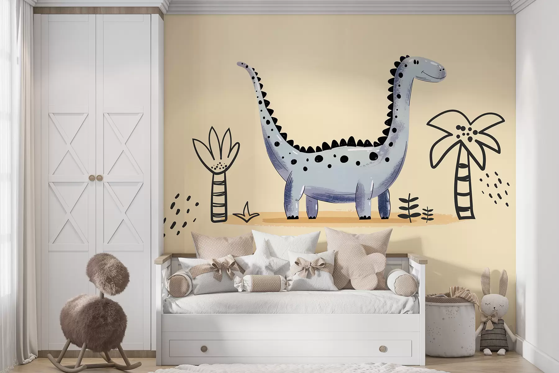 murales de pared Alegre dinosaurio sobre fondo beige con palmeras w01357v2