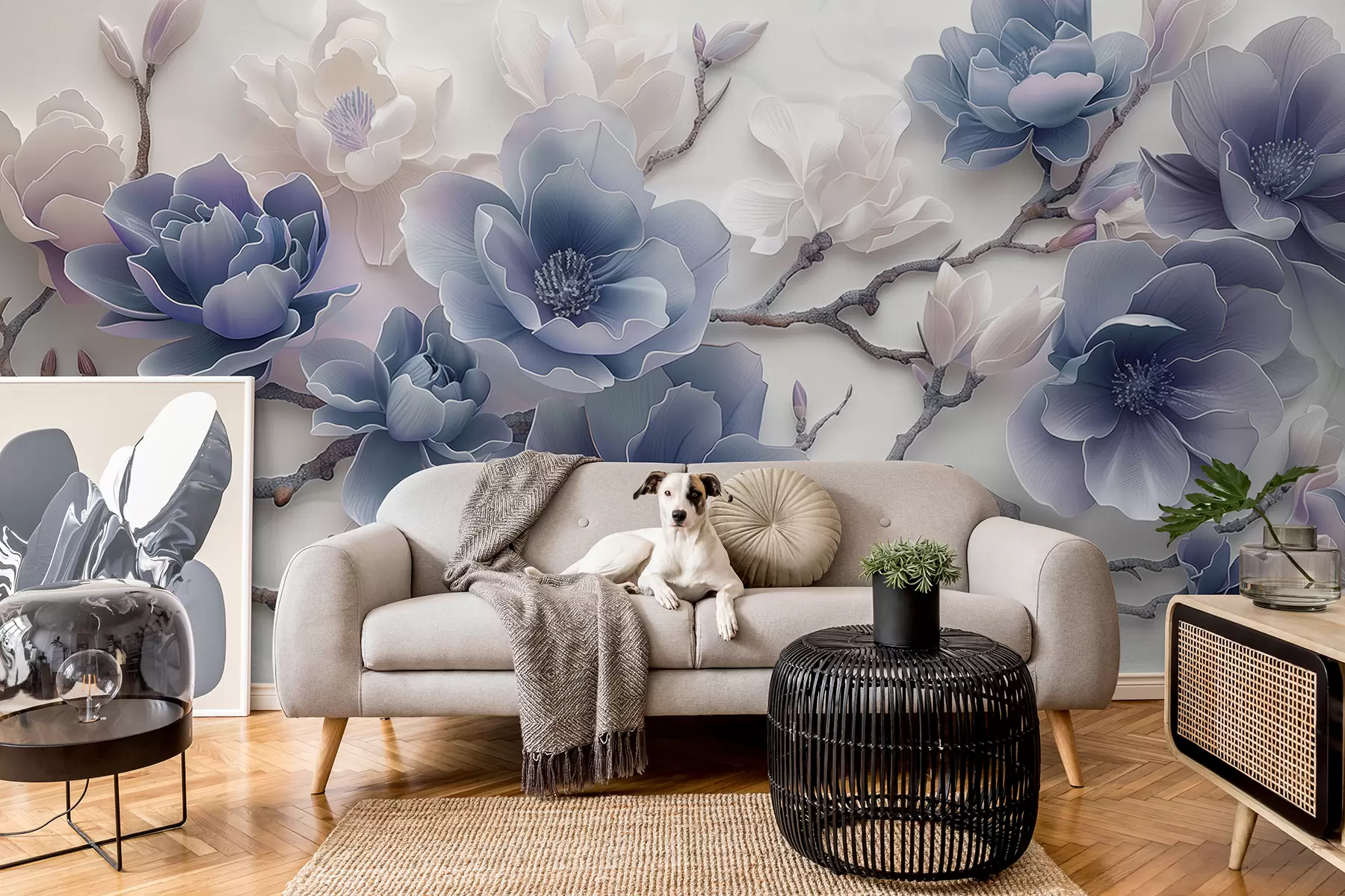 murales de pared Flores de magnolia en relieve azul sobre una rama elegante w01359v1