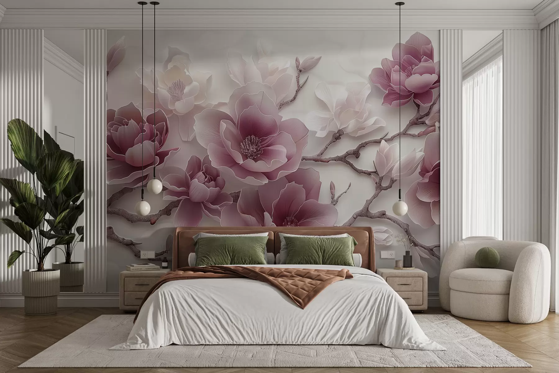 murales de pared Flores de magnolia rosadas en relieve en una rama elegante w01359v2