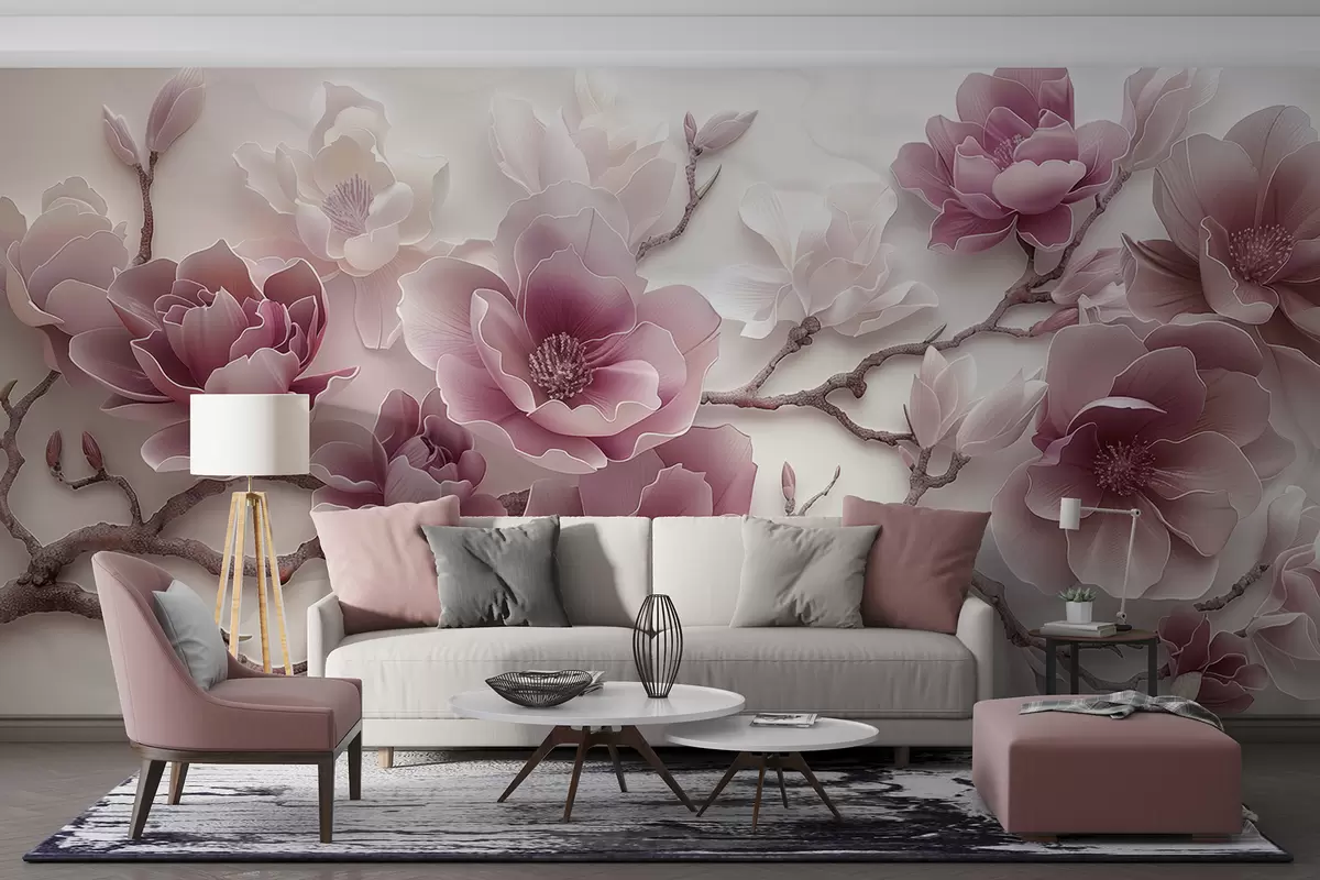 murales de pared Flores de magnolia rosadas en relieve en una rama elegante w01359v2