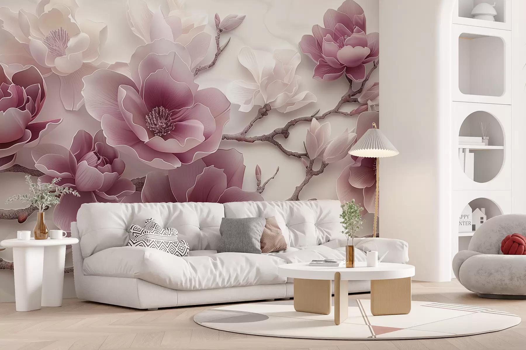 murales de pared Flores de magnolia rosadas en relieve en una rama elegante w01359v2
