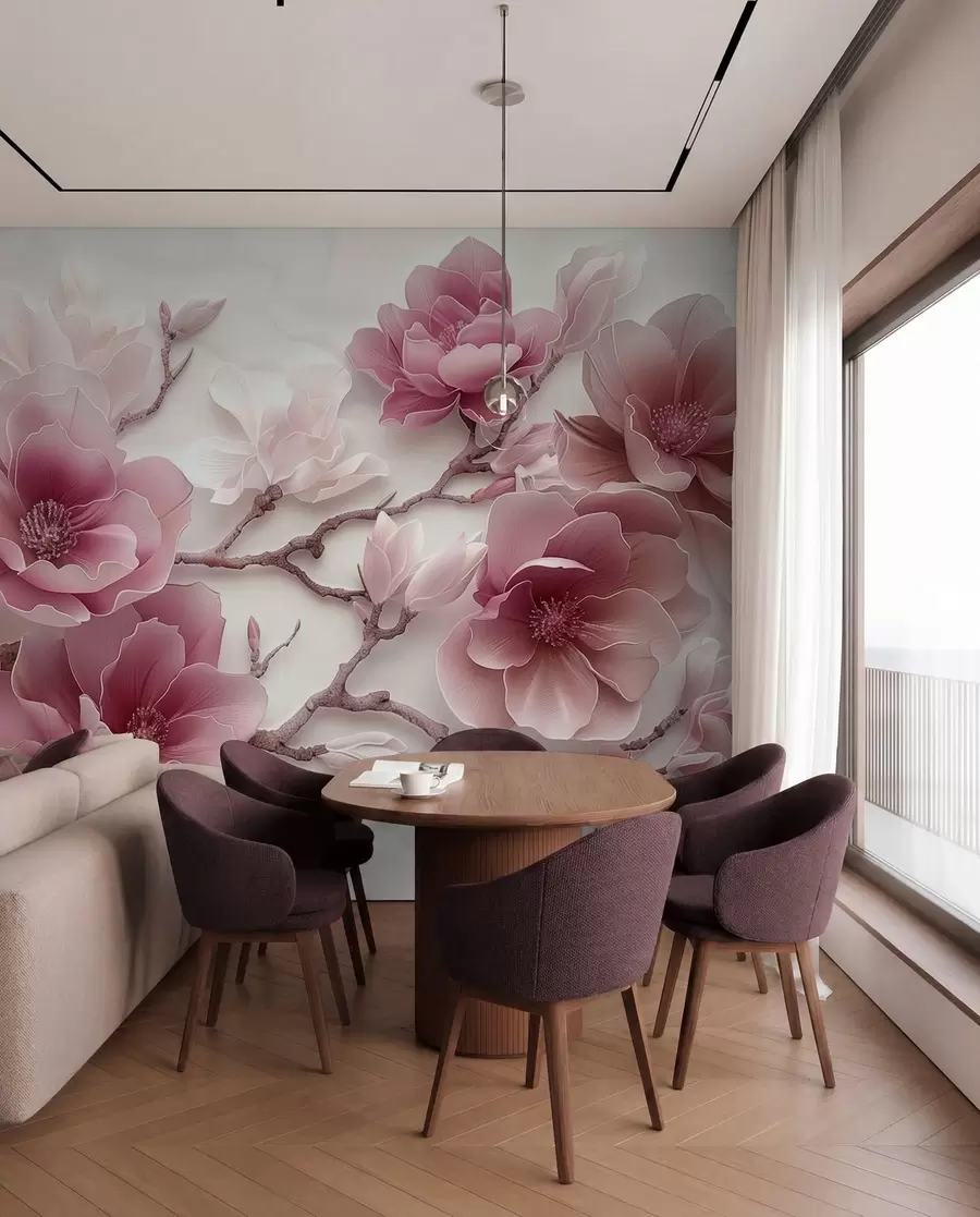 murales de pared Flores de magnolia rosadas en relieve en una rama elegante w01359v2