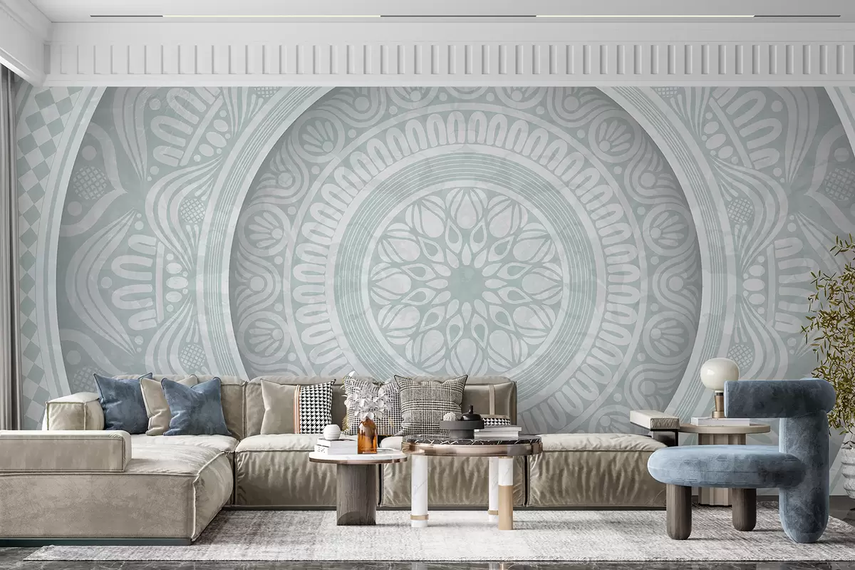 murales de pared Un estampado de mandala azul y blanco simétrico y detallado con círculos concéntricos y formas geométricas.   w08182v1