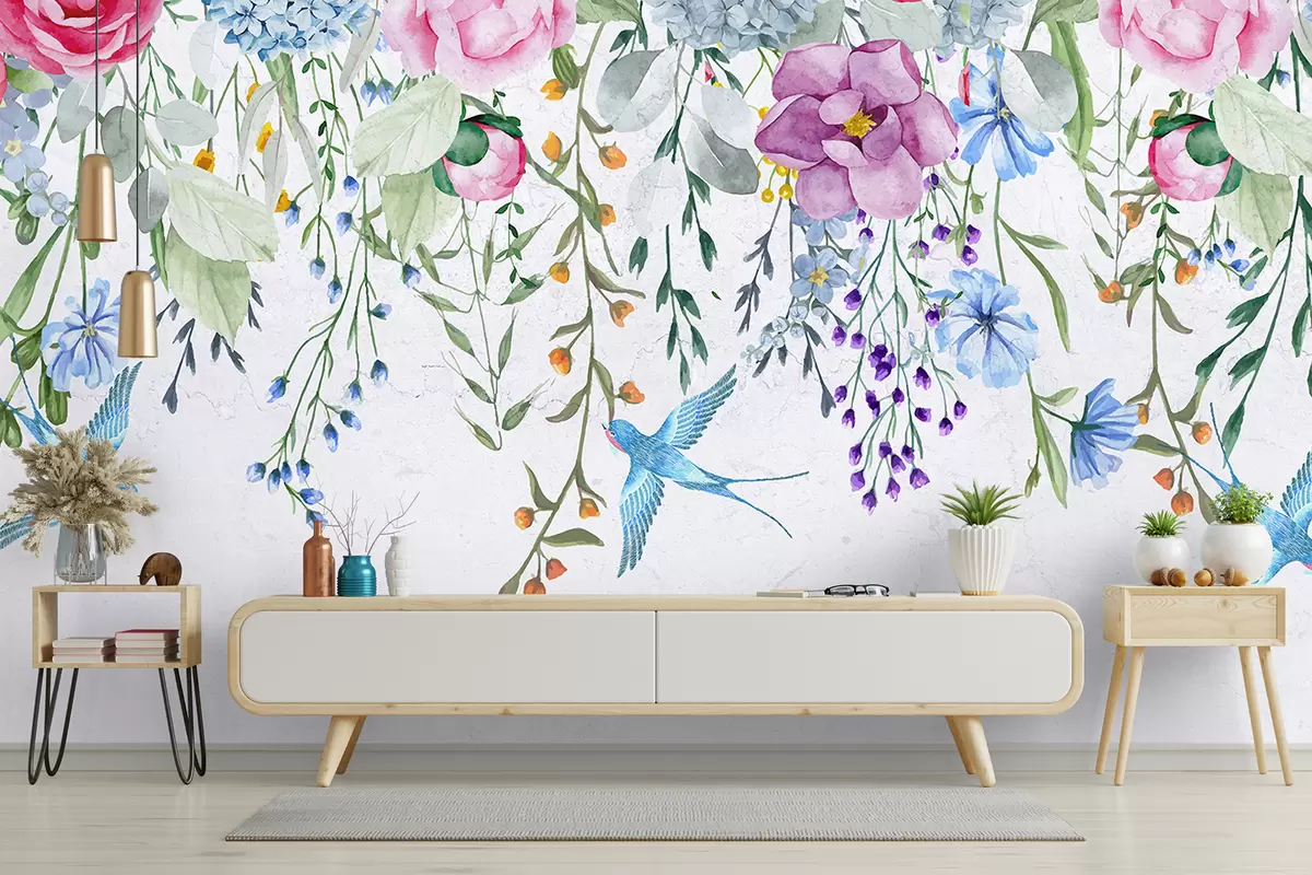 murales de pared Un arreglo floral colorido con flores rosas, azules y violetas en estilo acuarela con vegetación y hojas. w08186