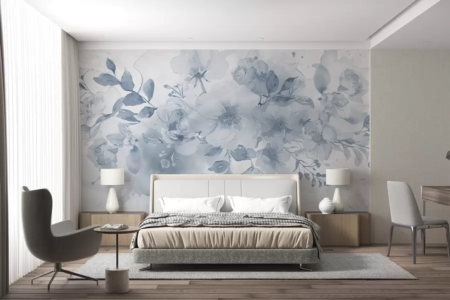 murales de pared Patrón floral suave y difuminado en tonos grises y blancos, con delicadas flores y hojas. w08189