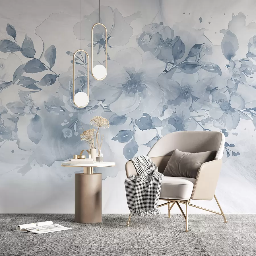 murales de pared Patrón floral suave y difuminado en tonos grises y blancos, con delicadas flores y hojas w08189