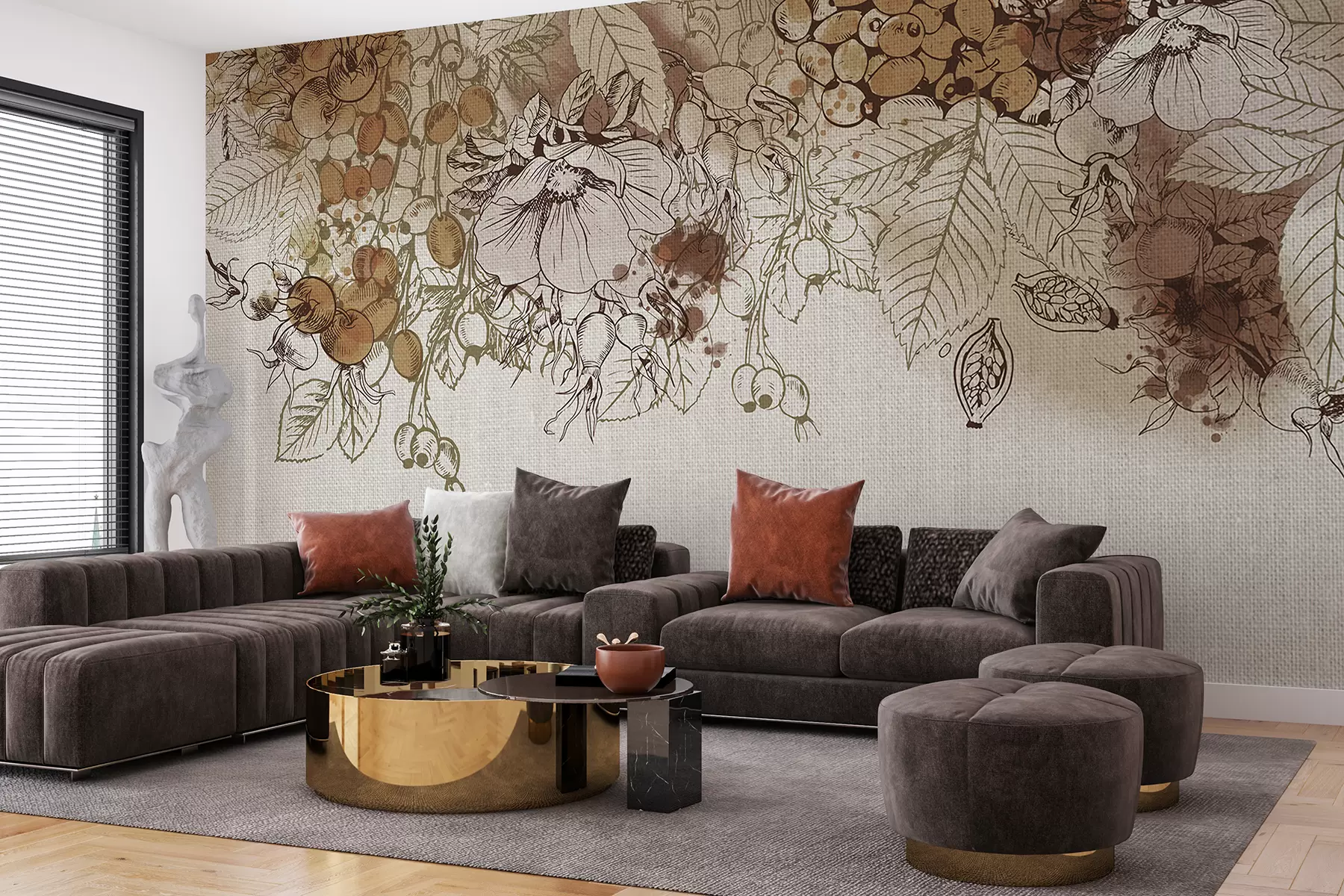 murales de pared Hojas de otoño y otros elementos naturales dispuestos en una impresión decorativa sobre un fondo texturizado. w08190