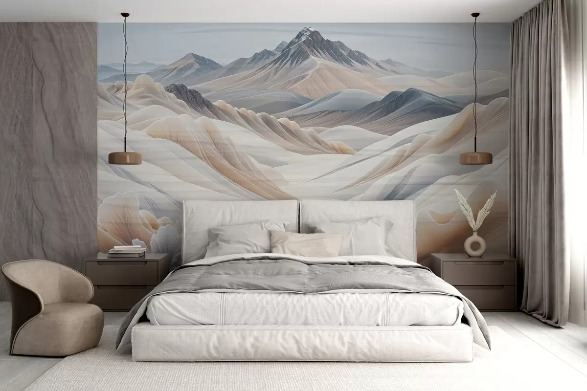 murales de pared Impresión de paisaje montañoso con picos nevados en tonos beige de estética minimalista.  w08191