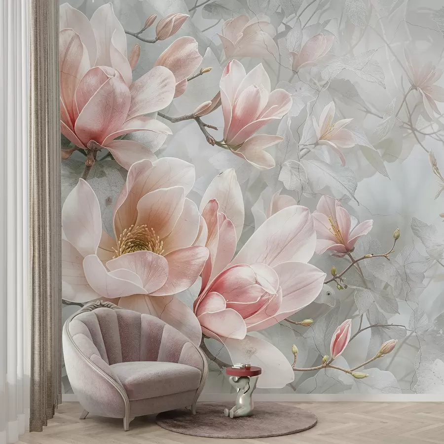 murales de pared Delicadas flores de magnolia rosa que florecen sobre un fondo floral gris suave y borroso w08192